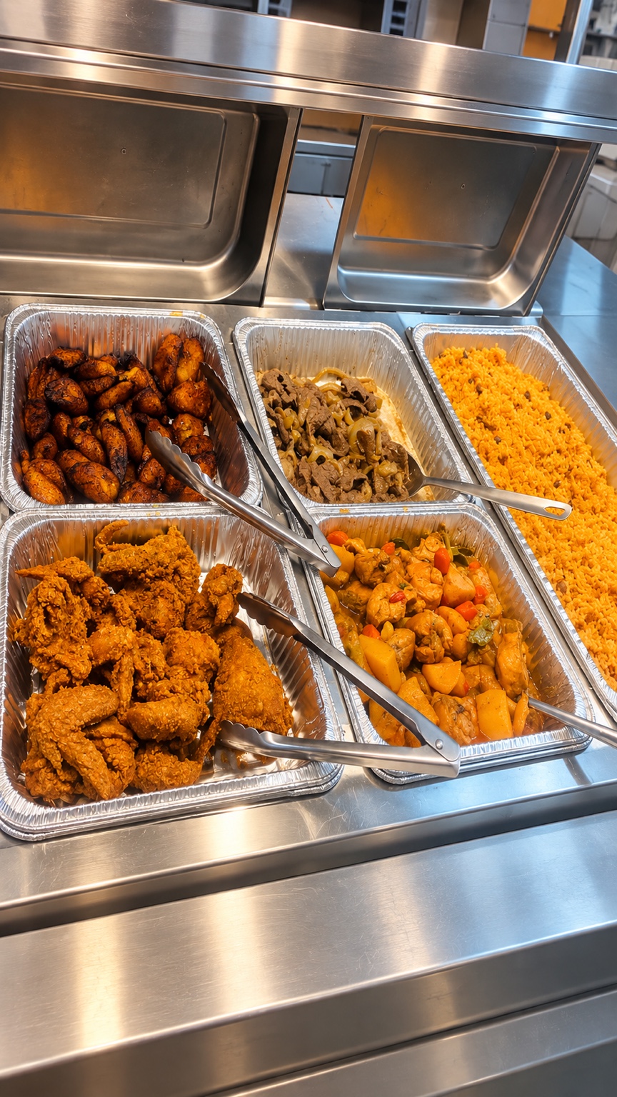Catering buffet with chicken, plantains, meats and yellow rice