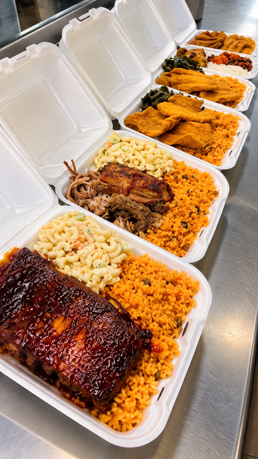 A selection of prepared meals with ribs, chicken, fish and sides