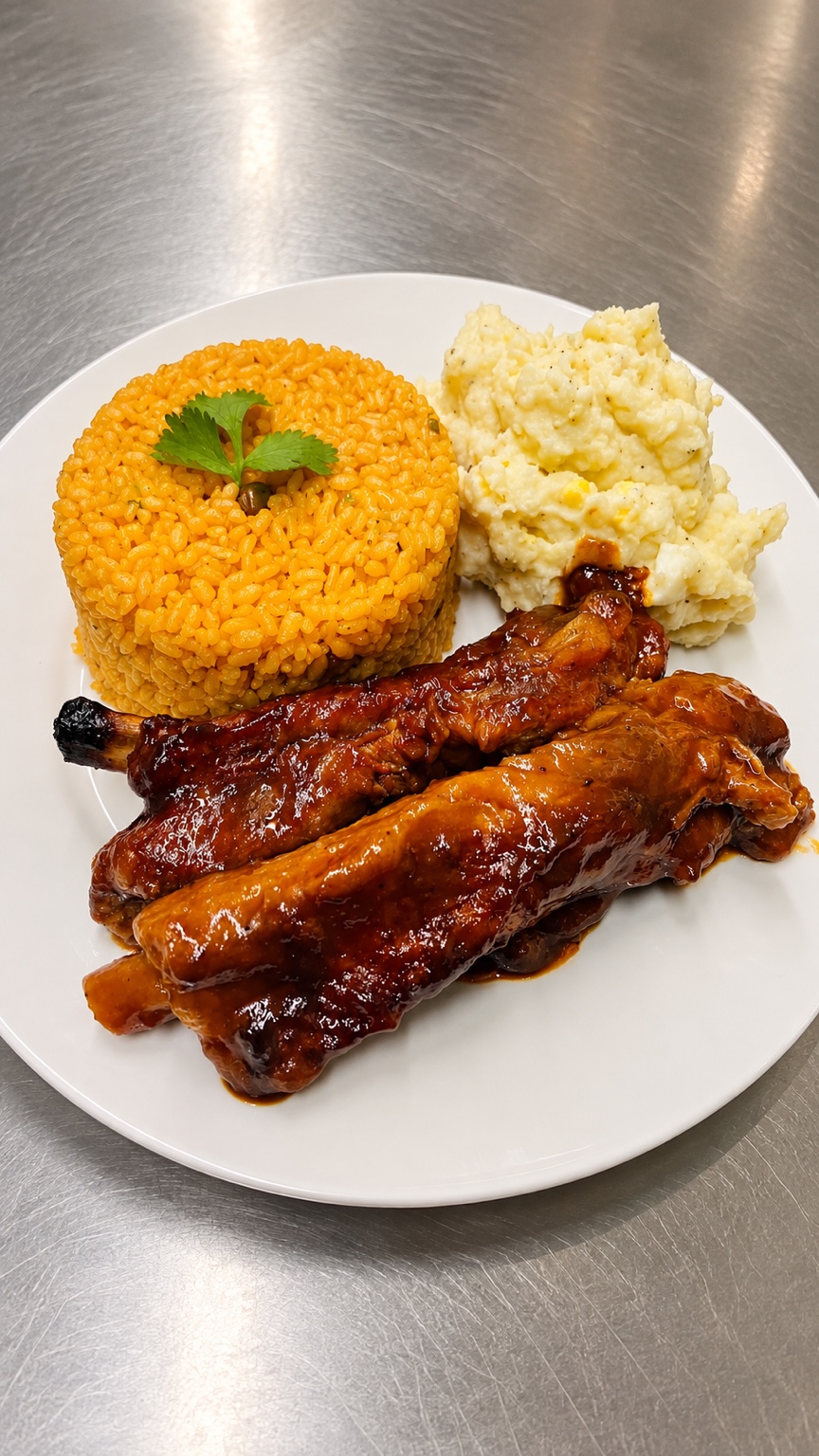 Sauced ribs served with yellow rice and potato salad